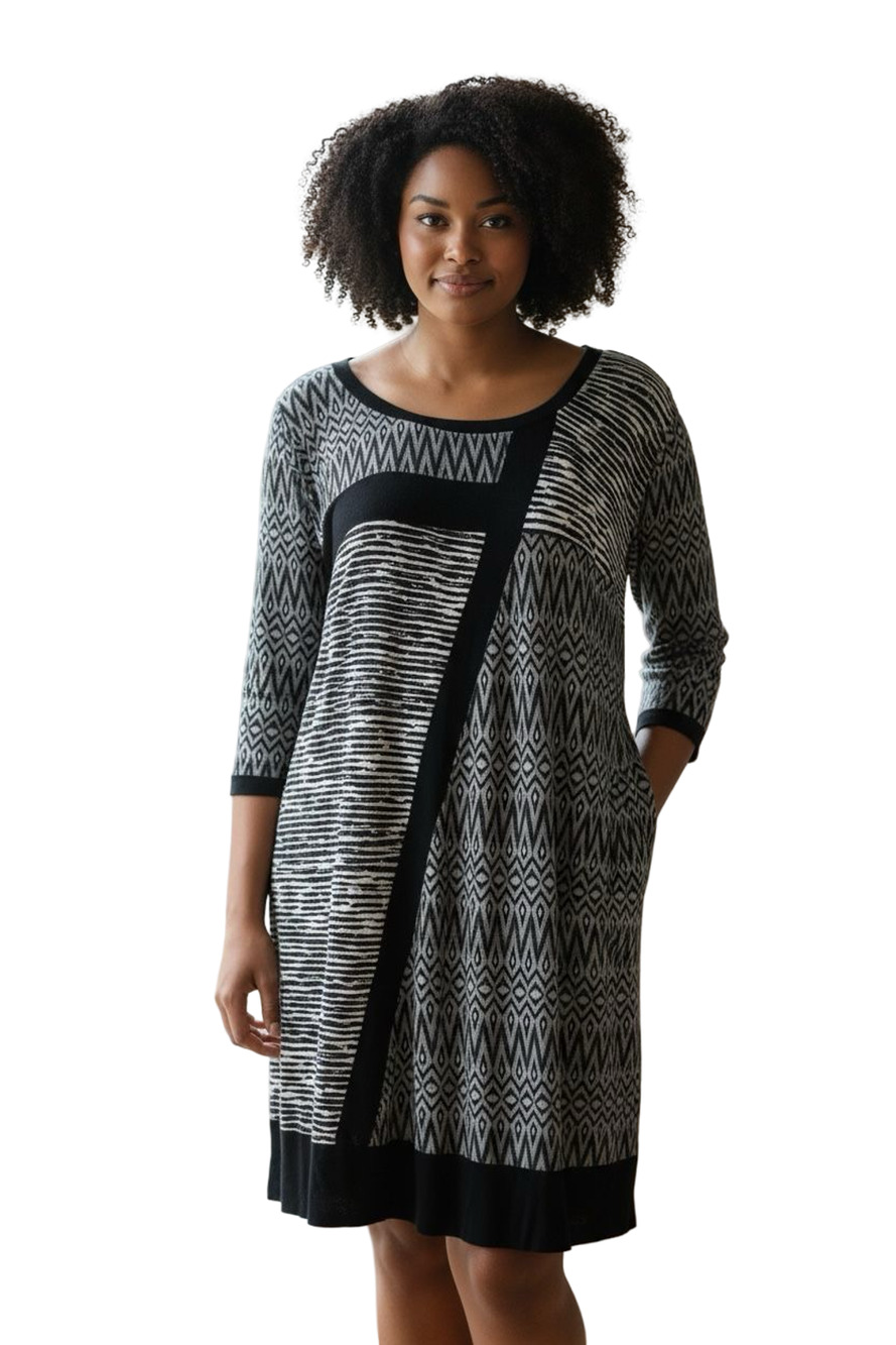 Ulla Popken Womens Jersey Knit Black Print Mini 3/4 Sleeve Dress Stretch 28 / 30